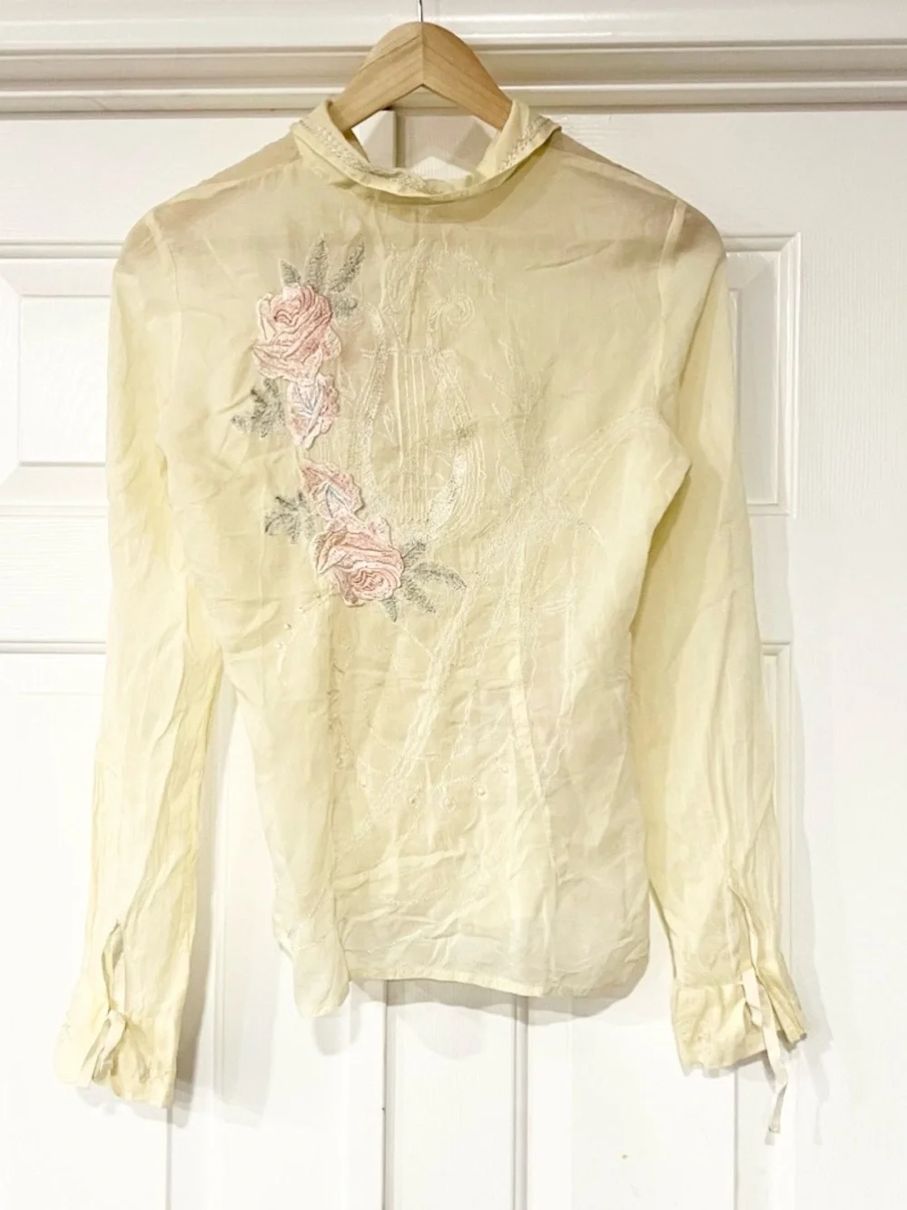 Johnny Was | Sheer Cream Floral Roses Embroidered Button-Up Blouse